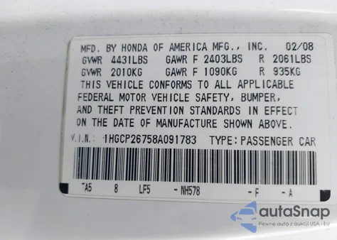 2008 Honda Accord 2.4 Ex from USA, damaged, VIN 1HGCP26758A091783